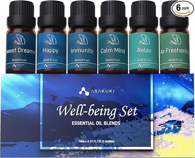 ASAKUKI Essential Oil Blends, Essential Oils for Diffusers for Home, Well-Being Kit- Calm Mind, Sweet Dreams, Happy, Relax, Air Freshening, Immunity for Aromatherapy, Humidifiers, Massage, 6x10ml