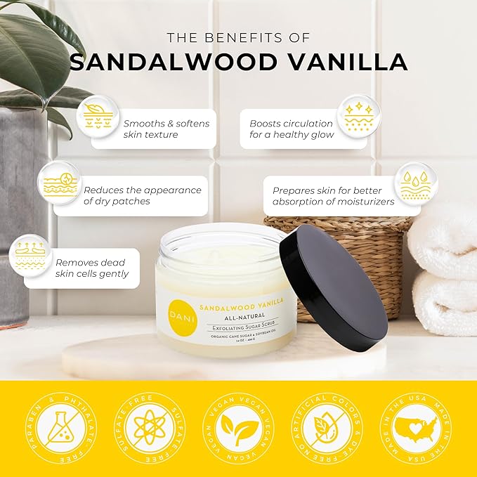 Naturals Exfoliating Sugar Scrub - Warm Sandalwood Vanilla, featuring organic cane sugar and shea butter, gently exfoliates and deeply nourishes for smooth, radiant, and hydrated skin – 14 oz