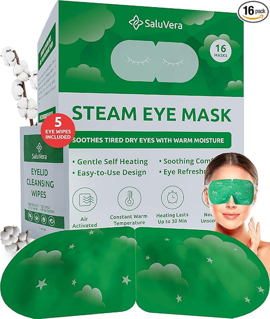 Steam Eye Mask for Dry Eyes with 5 Eyelid Cleansing Wipes, Self Heating Eye Compress for Dry Eyes, Soothe and Relax with 40-50 min Spa Eye Mask, Self Warming Eye Mask for Well-Being 16 pcs