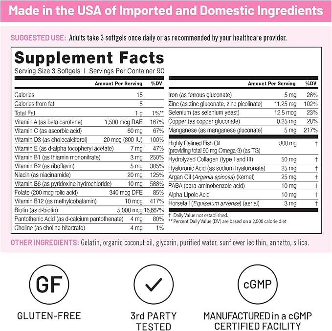 NatureWise Hair Skin and Nails Vitamin, Biotin 5000mcg w/Hyaluronic Acid, Collagen for Women with C, B Complex, D3, A, E, Iron - Non-GMO, Gluten Free - 270 Softgels[3-Month Supply]