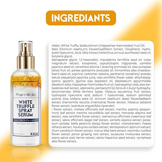 Italian White Truffle Spray Serum - Vegan Skin Care - Face Mist Hydrating Spray with Avocado & White Truffles - Face Serum for Radiant Skin - 3.38 Fl Oz