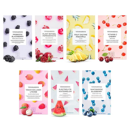 Vitamasques Face Masks Skincare Sheet Kit, 7-Pack - Juicy Collection of Triple-Layer Sheet Facial Masks - Korean Skin Care Pore Purifying, Brightening, and Hydrating