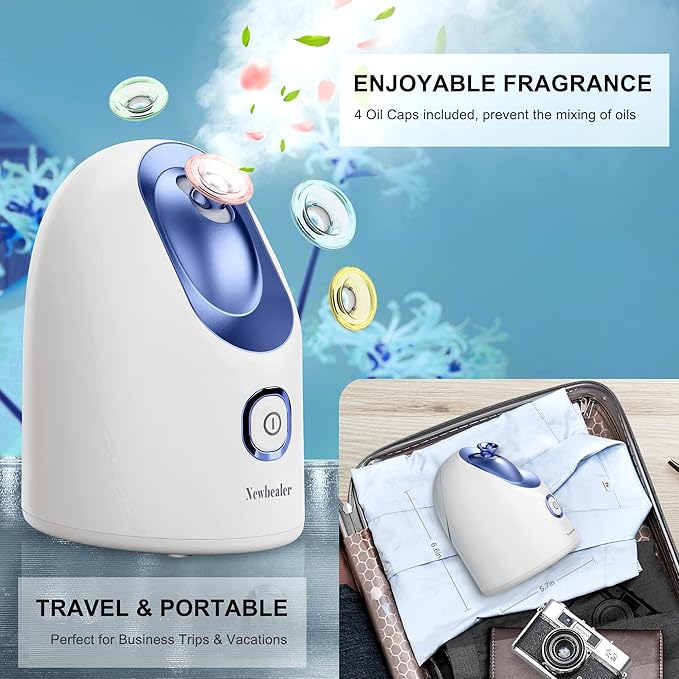 Newbealer Facial Steamer, Mini Aroma Face Steamer, Nano Ionic Hot Mist Face Humidifier for Facial Deep Cleaning, Home Sauna Spa Sprayer with 9 Pieces Acne Remover Kit (Blue, 160 ml)