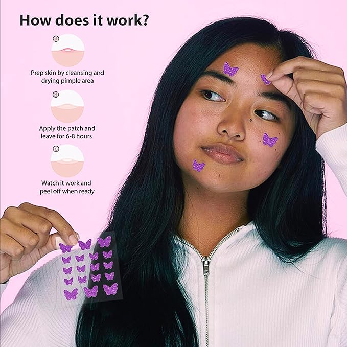 Frilliance Purple Butterfly Shaped Power Boost Salicylic & Hydrocolloid Acne Pimple Patches for Zits and Blemishes (18 Count, 2 Sizes), Vegan and Cruelty Free