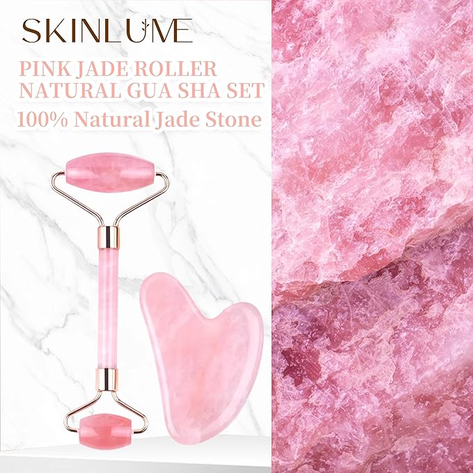 Jade Roller Gua Sha Facial Tool - for Face Neck Eye Jawline, Reduce Puffiness and Tension, Gift Set for Men Woman 100% Natural Jade Stone (Pink)