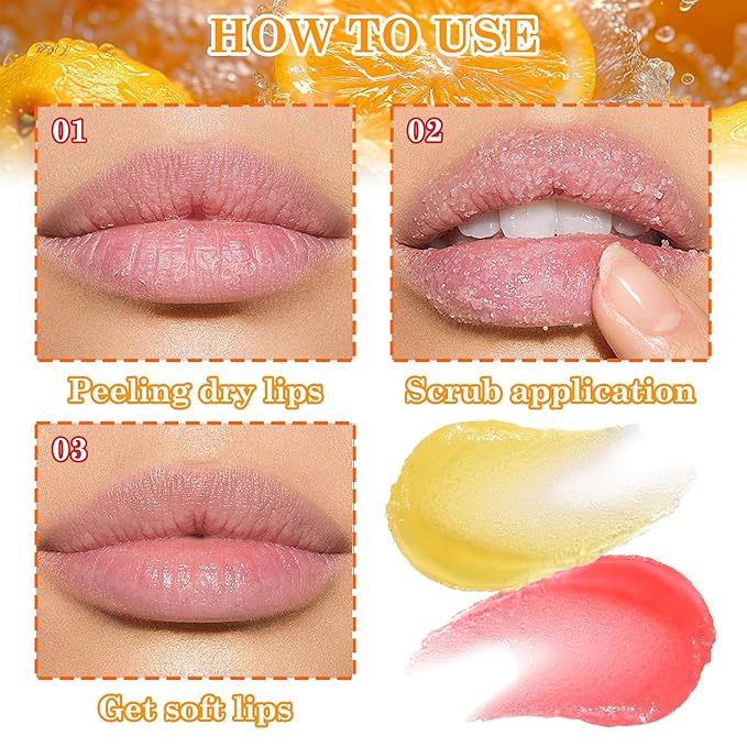 2 Pack Strawberry Orange Lip Scrub Set,Long Lasting Moisturizing Lip Scrubber Exfoliator, Cleansing Hydrating Lip Exfoliator Scrub and Moisturizer Kit for Chapped Dry Lips
