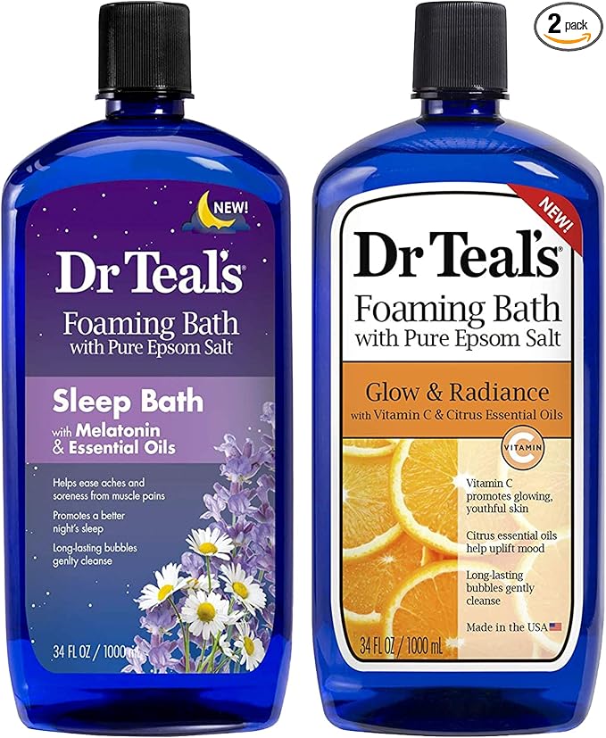 Dr. Teal's Foaming Bath Variety Gift Set (2 Pack, 34oz Ea.) - Melatonin Sleep Soak & Glow & Radiance with Vitamin C and Citrus Essential Oils - Moisturizes Skin & Promotes a Better Nights Sleep