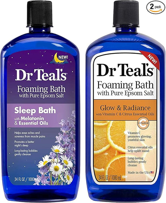 Dr. Teal's Foaming Bath Variety Gift Set (2 Pack, 34oz Ea.) - Melatonin Sleep Soak & Glow & Radiance with Vitamin C and Citrus Essential Oils - Moisturizes Skin & Promotes a Better Nights Sleep