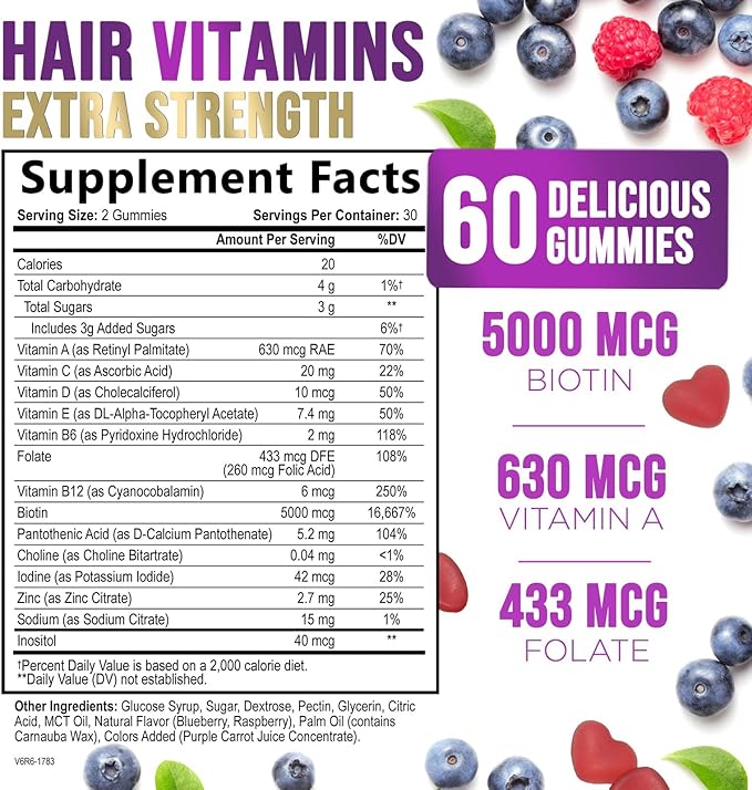 Hair Growth Vitamins Gummy with Biotin 5000mcg - Hair, Skin & Nails Vitamin Supplement for Women & Men, Supports Thicker Hair, Radiant Skin & Stronger Nails with Vitamin E, C & Zinc - 60 Gummies