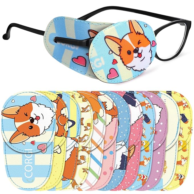 Newcotte 12 Pcs Eye Patch for Kids Toddler Reusable Adjustable Girls Boys Eyepatch for Glasses Left or Right Eye Patch, Assorted Patterns (Corgi Dog)