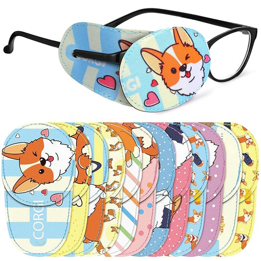 Newcotte 12 Pcs Eye Patch for Kids Toddler Reusable Adjustable Girls Boys Eyepatch for Glasses Left or Right Eye Patch, Assorted Patterns (Corgi Dog)