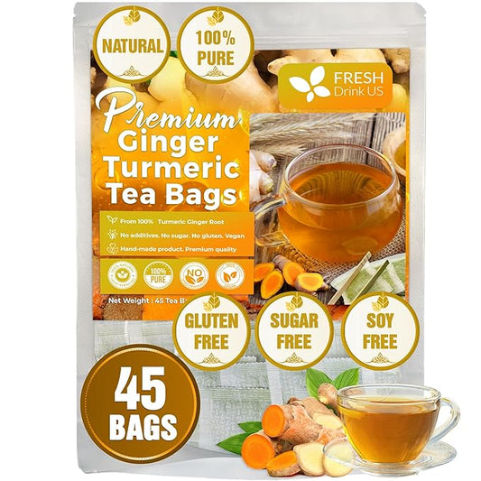 FreshDrinkUS, Premium 45 Ginger Turmeric Tea Bags, 100% Natural Ingredients, Hand-made Blend of Ginger and Turmeric Herbal Tea, Eco-conscious Tea Bags. No Sugar, No Caffeine, No Gluten, Vegan.
