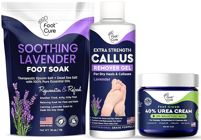 Lavender Foot Soak & Callus Remover Gel Kit - Extra Strength Callus Remover Gel for Feet, Remove Calluses with Epsom Salts, Dry Cracked Heels & Tea Tree Oil Foot Cream - Moisturizing Athletes Foot