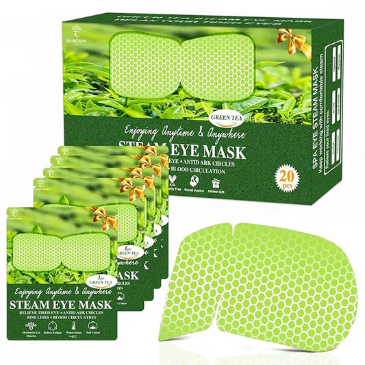 20 Packs Green Tea Scented Steam Eye Mask, Heated Eye Compress for Dry Eyes, Self Heating Eye Masks for Sleep, Spa, Travel Essentials, Relaxation Gift for Women & Men Stocking Stuffers