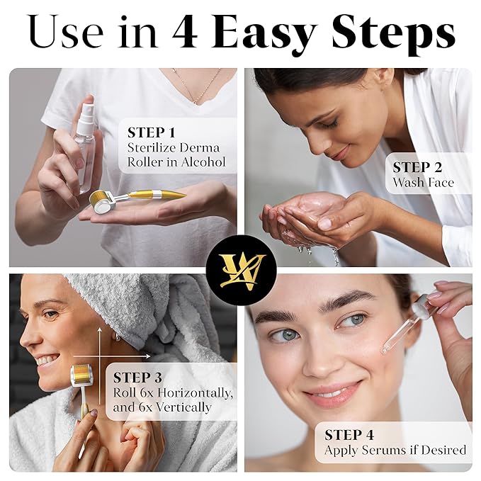 Derma Roller for Skin, Hair & Beard – Women and Men Titanium Microneedling Roller for Face & Scalp, Safe & Easy to Use - Premium Gold