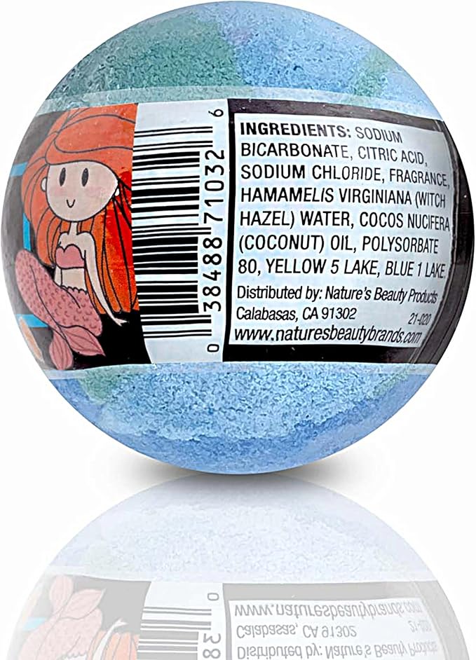 Nature's Beauty Mermaid Song, Seaberry & Jasmine Scent Bath Bomb for Kids Multi-Pack - Natural Hand Crafted, Non-Staining, Fun Bubbly Fizzy Spa Bomb, Made w/Coconut Oil + Witch Hazel, 5.5oz (4 Pack)