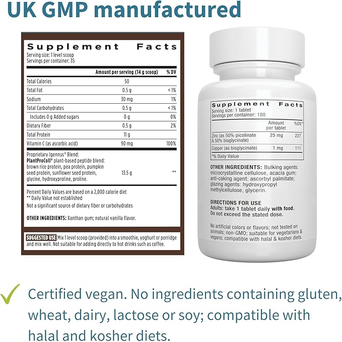 Vegan Vanilla Collagen Protein Powder + Zinc Complex Vegan Bundle for Skin, Hair & Nails. Complete Collagen Boosting Formula + 25mg Chelated Zinc, by Igennus