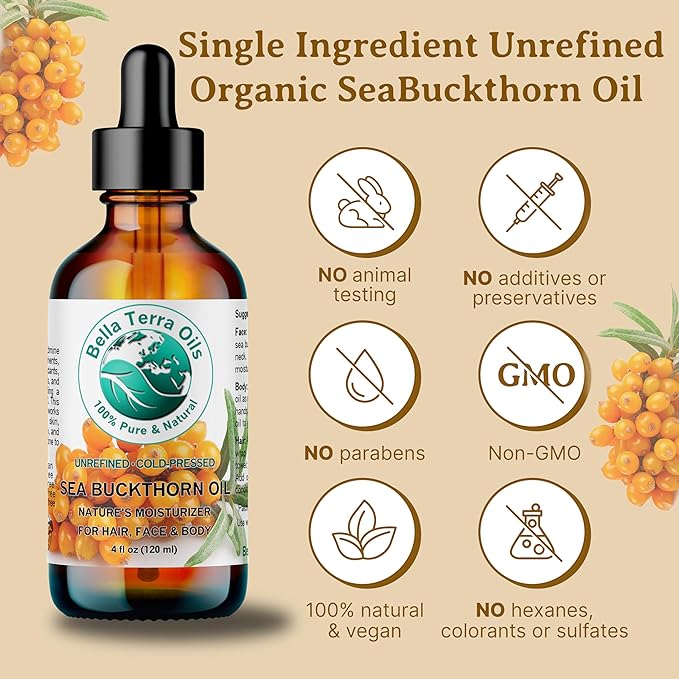 Bella Terra Oils Pure Sea Buckthorn Oil – 1 gallon, Unique Nutrient Blend, Nourishing, Non-Greasy, Radiant Glow for Skin, Softness for Hair