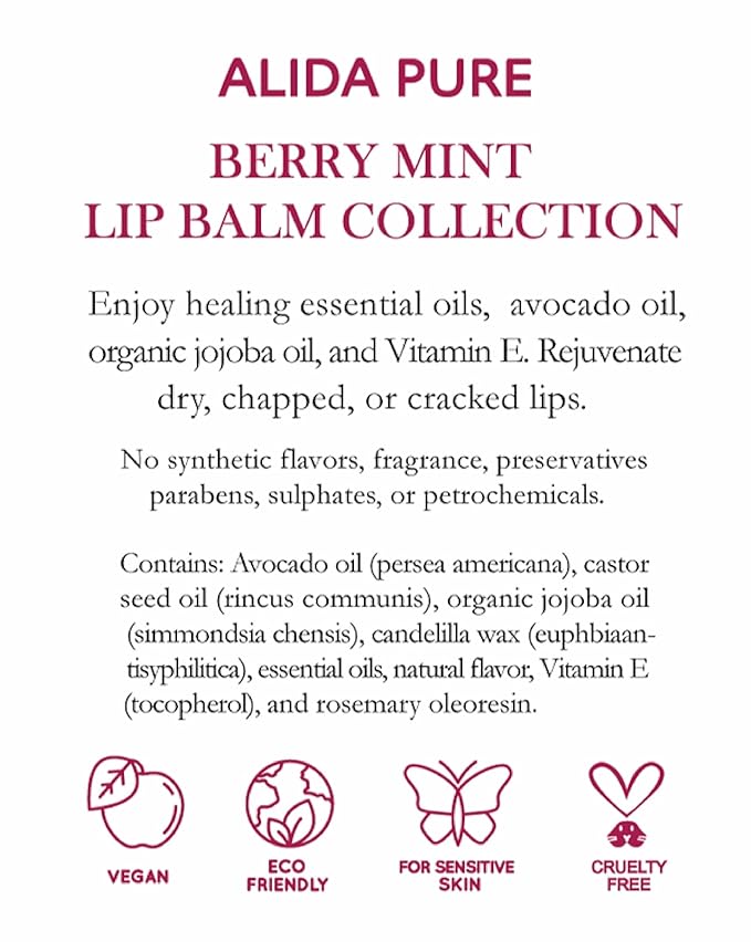 Berry Mint Lip Balm Collection, Vegan Lip Balm Set, Bees Wax Free, Coconut Oil Free, Avocado Oil, Organic Jojoba Oil, Vitamin E, Natural Moisturizer For Dry Cracked Lips, 3 Tube Set