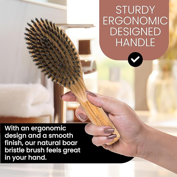 SHASH Everyday 100% Boar Bristle Hair Brush - Made in Germany | Suitable For Thin To Normal Hair, Firm, and Naturally Conditioning | Enhance Texture, Exfoliate, and Stimulate the Scalp