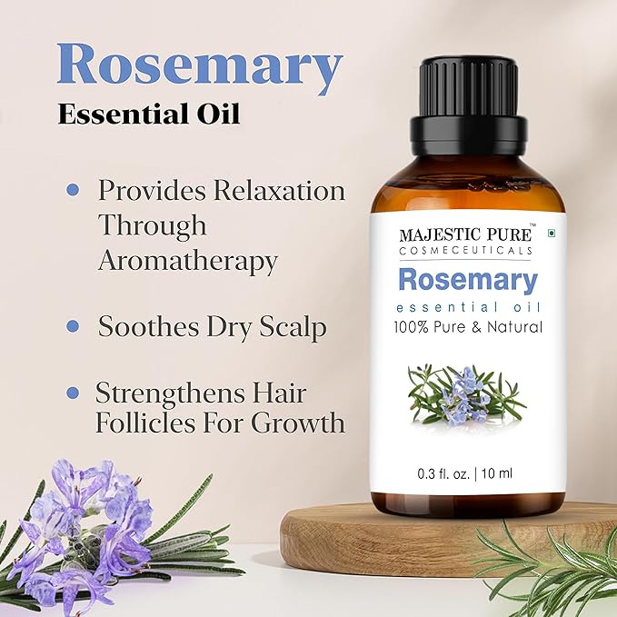 Majestic Pure Organic Rosemary Essential Oil - 100% Pure & Premium Oil for Hair Growth, Skin, Face, Aromatherapy & Diffuser - 0.3 fl oz | Perfect Organic Oil for Hair Growth