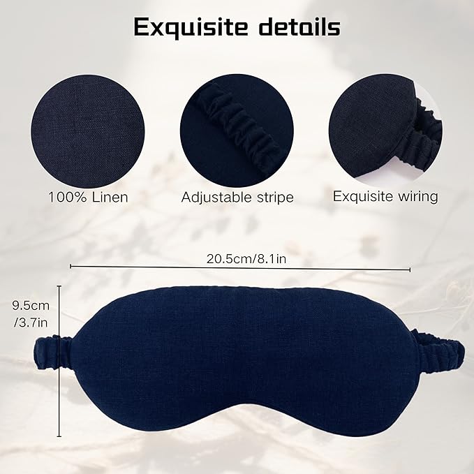 Pure Linen Eye Mask, 100% Linen Eye Mask for Girls,Travel Breathable Sleep Mask,Adjustable Strap, Hypoallergenic, Cooling with Travel Bag Gift Package(Navy)