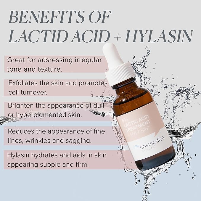 Cosmedica Skincare 5% Lactic Acid Treatment Hylasin - AHA, Hyaluronic Acid, Gentle Exfoliator Dark Spot Corrector, Anti-Aging, Face Peel Brightening Treatment for Dull Hyperpigmented Skin 1 oz (30ml)