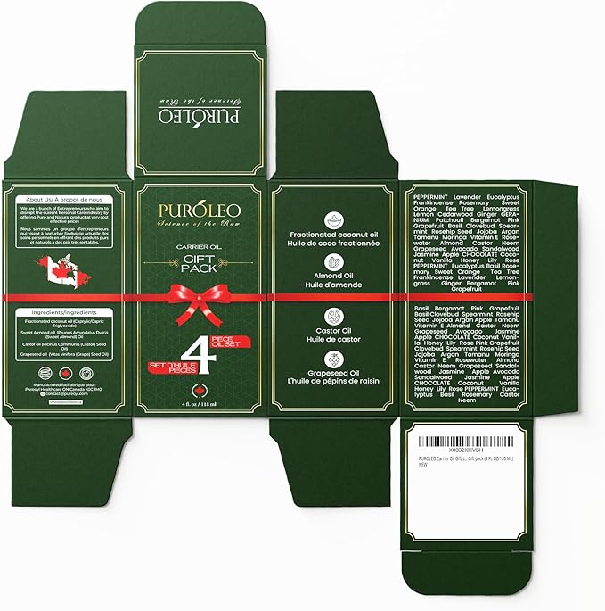 PURÓLEO Carrier Oil Gift Set- 4 Pack - Coconut Oil- Almond Oil - Castor Oil - Grapeseed Oil - 100% Natural Moisturizing Massage 4 Pc (4 Fl Oz)