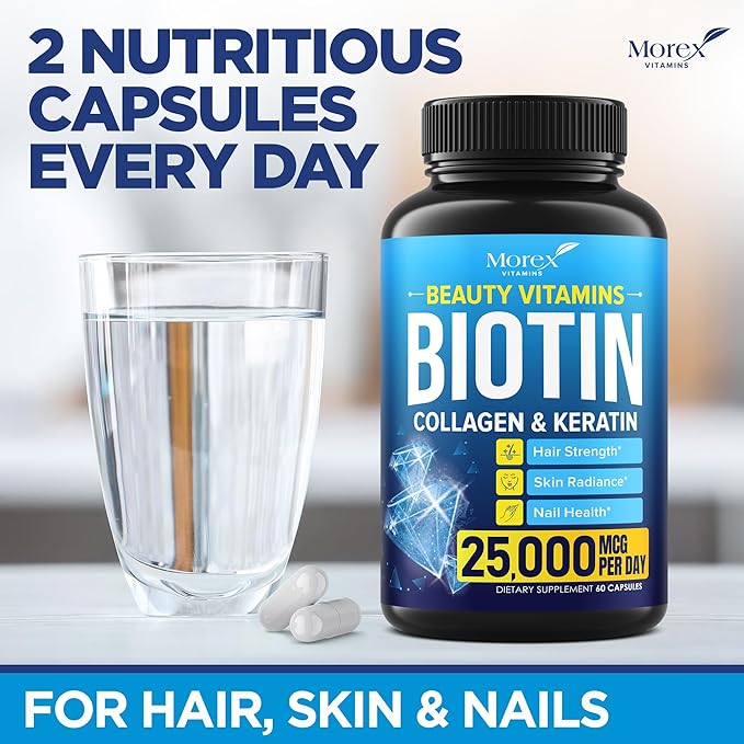 Biotin Keratin & Collagen Capsules - Made in USA - Natural Collagen, Keratin & Biotin for Hair Growth - Biotin & Collagen Vitamins with Multi Collagen Peptides for Hair Loss, Skin & Nails - 60 Caps