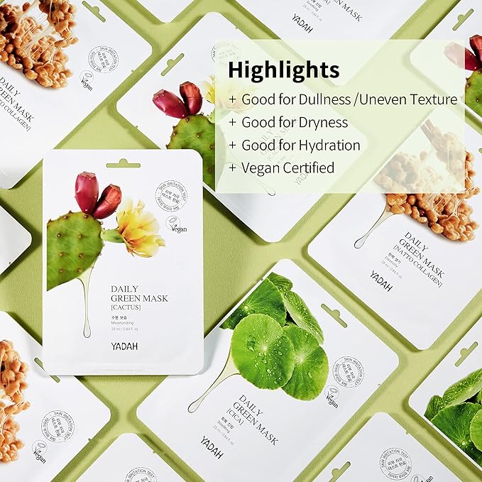 YADAH Daily Green Facial Sheet Mask, Cactus, Pack of 5 – Vegan 100% Eco-friendly Bamboo Sheet for Skin Moisturizing