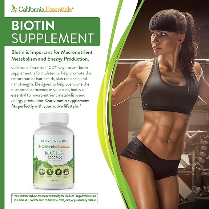 California Essentials Biotin 10000mcg | Vitamin B7 Promotes Healthy Skin, Hair & Nail Growth | High Potency Dietary Supplement for Men & Women | Non-GMO, Vegan, Gluten & Dairy Free (100 Tablets)