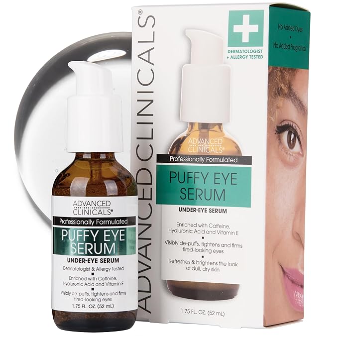 Advanced Clinicals Puffy Eye Under Eye Serum | Visible Anti Aging Brightening Vitamin C + Caffeine Serum Helps Improve Look Of Puffiness, Fine Lines, Dark Circles, & Uneven Skin Tone, 1.75 Fl Oz