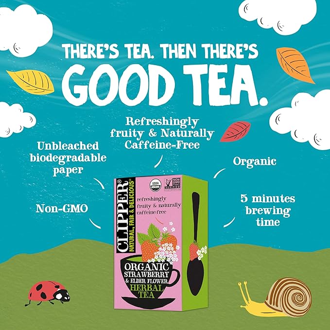 Clipper Tea Strawberry & Elderflower Herbal Tea – Caffeine Free, USDA Organic, Great Hot or Iced – Refreshingly Fruity, Natural, Fair & Delicious – 20 Tea Bags