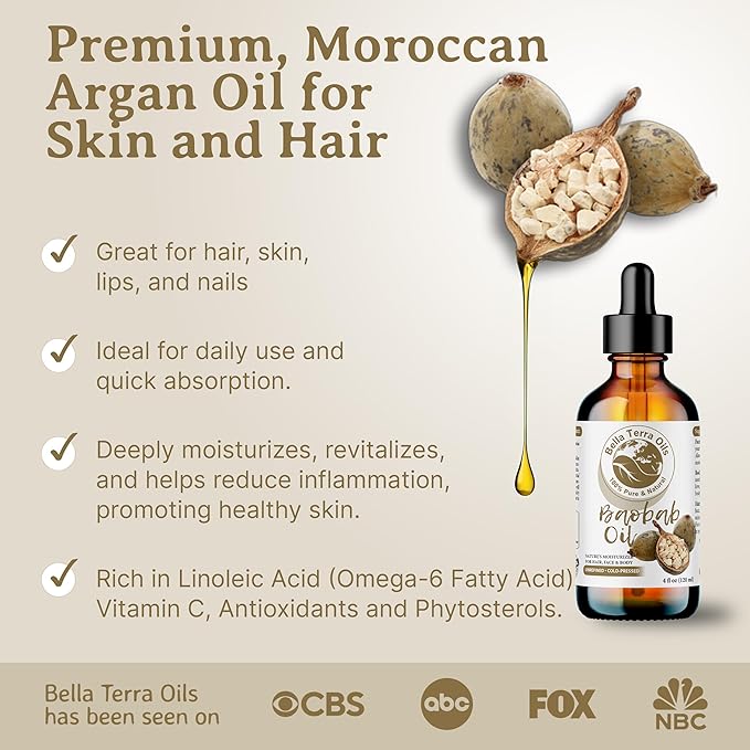 Bella Terra Oils - Baobab Oil 4oz - Luxurious Oil with Palmitic & Linoleic Acid, Perfectly Blended Nature's Bounty for a Glowing Skin