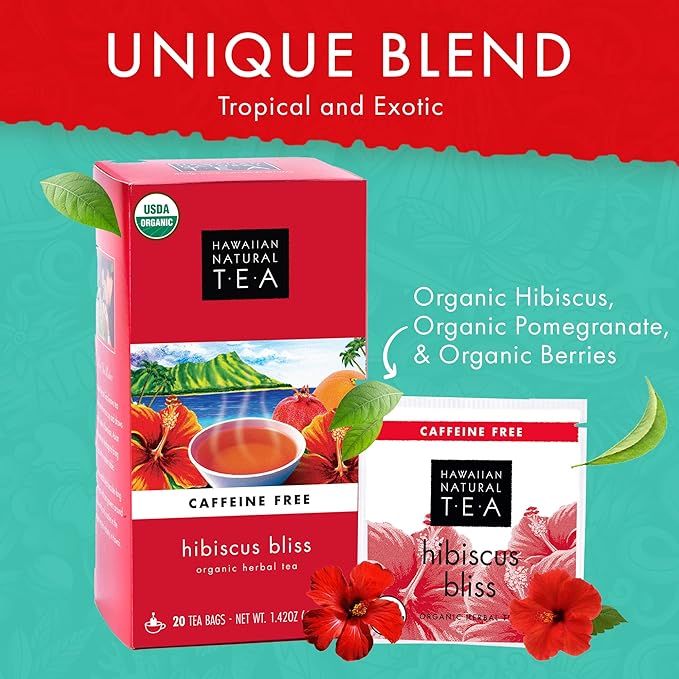 Hawaiian Natural Tea - Organic Hibiscus Bliss Herbal Tea, Caffeine-Free Hibiscus Tea, All-Natural and Antioxidant-Rich Wellness Tea, Vegan and Keto-Friendly, 60 Tea Bags