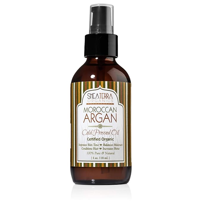 Shea Terra Moroccan Argan Cold-Pressed Extra Virgin Oil | Nutrient-Rich, All Natural & Organic Oil with Anti-Aging Vitamin A and E to Increase Skin Elasticity and Condition Dry & Damaged Hair – 4 oz