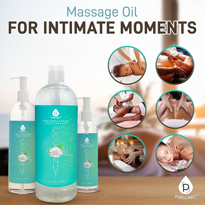 Pursonic Pure Unscented Fractionated Coconut Oil - 8 Oz Multipurpose Oil for Skin, Hair, Body Massage & Makeup Removal - Carrier Oil for Essential Oils and Aromatherapy