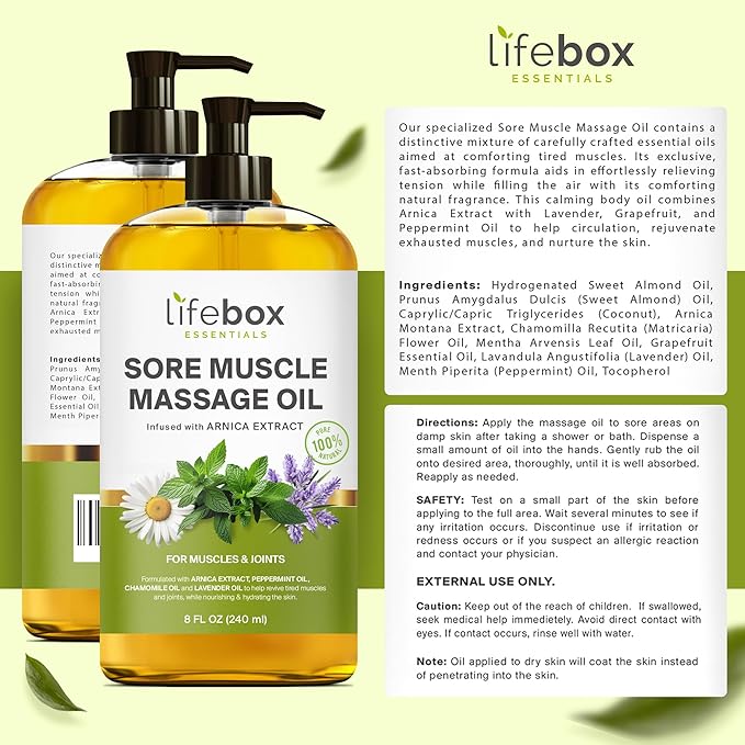 Arnica Sore Muscle Massage Oil – 100% Pure & Natural - Massage Therapy for Muscles & Joints – Body Oil Infused with Arnica Extract, Lavender Oil, Peppermint Oil & Chamomile Oil – 8 FL OZ