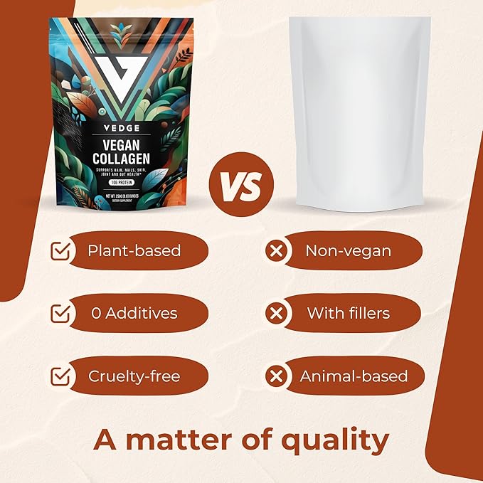 vedge Vegan Collagen Powder - Plant-Based Collagen Supplements for Hair, Skin, Nails, Joint & Gut Health - 0.47oz Collagen Peptides & 0.35oz Protein/Serving - 8.8oz Pack