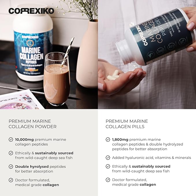 CORREXIKO Marine Collagen Supplement Pills & Powder Bundle 3 Month Supply - Includes 10,000mg Double Hydrolyzed Collagen Powder 1kg & 1800mg Collagen Peptides 360 Capsules - for Hair, Skin & Nails