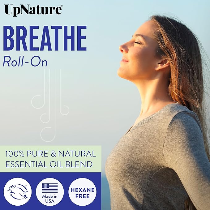 UpNature Breathe Essential Oil Roll On Blend – Natural Breathing Support - Premium Quality Essential Oils for Skin - Pure Blend of Peppermint, Tea Tree & Eucalyptus Oil