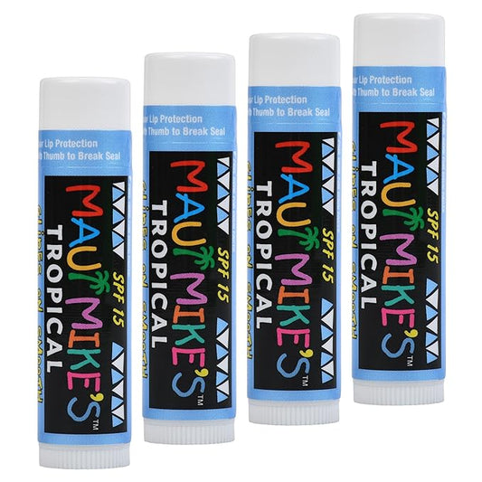 MAUI MIKE'S SPF-15 Best Tasting (Tropical) Lip Balm with Sun Protection(4 Pack). Includes Vitamin E,Aloe Vera and Beeswax. Non Waxy. Best Moisturing Lip Balm for Longer Lasting Flavor.