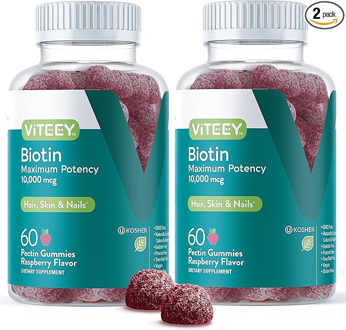 Biotin Gummies for Hair Skin Nails 10,000mcg - Hair Growth Gummies, Healthy Skin Glow, Strong Healthy Nail Growth - Vegan, Gluten Free, Gelatin Free, GMO Free - Tasty Chewable Raspberry Flavor