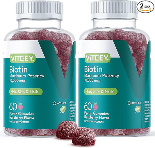 Biotin Gummies for Hair Skin Nails 10,000mcg - Hair Growth Gummies, Healthy Skin Glow, Strong Healthy Nail Growth - Vegan, Gluten Free, Gelatin Free, GMO Free - Tasty Chewable Raspberry Flavor