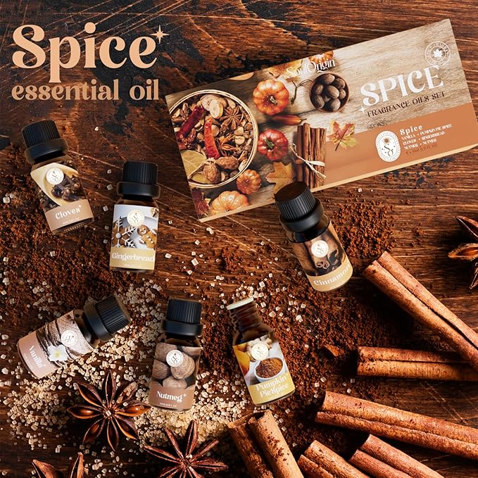 Autumn Spice Essential Oils Set, Fragrance Oil Gift Set for Oil Diffusers, Scented Oils for Soap Candle Making 6x10ml - Cinnamon, Nutmeg, Vanilla, Gingerbread, Pumpkin Pie Spice, and Cloves