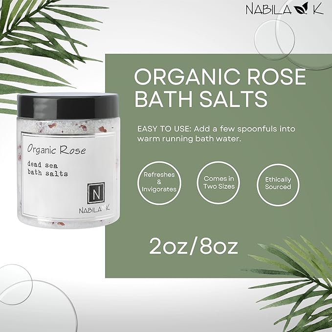 Organic Rose Bath Salts by Nabila K - Dead Sea Salt & Epsom Salt Scrub & Soak - Exfoliates & Hydrates Skin, Botanical Essential Oils - Bubble Bath Accessories for All Skins Types, 2 oz
