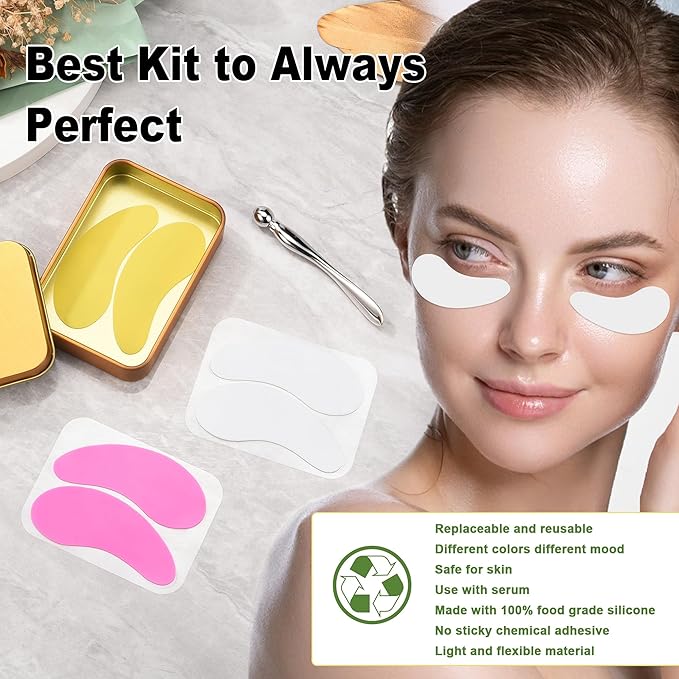 Aethland Reusable Eye Patches, 3 Pairs Silicone Under Eye Patches with Lifting Effect to Reduce Wrinkles and Fine Lines, Pair with Eye Roller Massager Eye Serums Cream Applicator