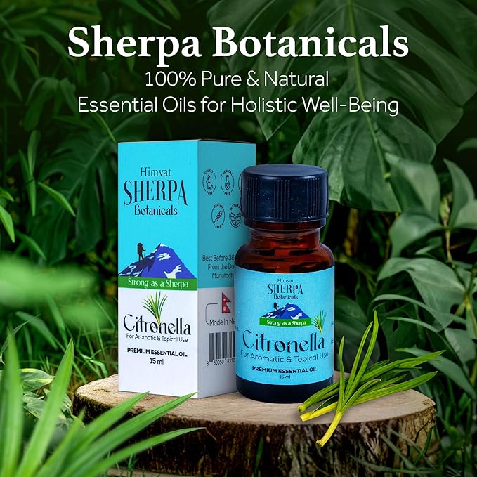 Pure and Natural Citronella Essential Oil by Sherpa Botanicals -100% Pure & Natural Oils -Ideal for Aromatherapy, Diffusers, Massage Oil - Vibrant & Fresh Aroma for Wellness- Vegan, Paraben-Free, 15mL