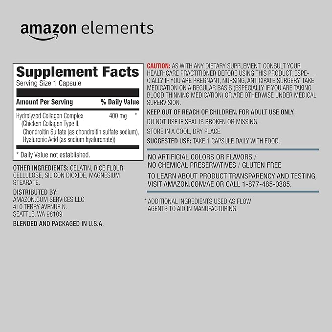 Amazon Elements Collagen Complex with Hyaluronic Acid, 90 Capsules, 3 Month Supply