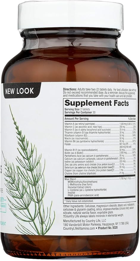 Country Life Maxi-Hair Supplement - 2000mcg Biotin & Vitamins for Hair, Skin & Nails - Certified Gluten-Free & Vegetarian - Supports Hair Growth, 60 Tablets